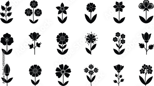 Floral silhouette vector set, decorative flower icons in various styles, botanical illustration elements, garden plant designs, natural blossom collection for graphic use