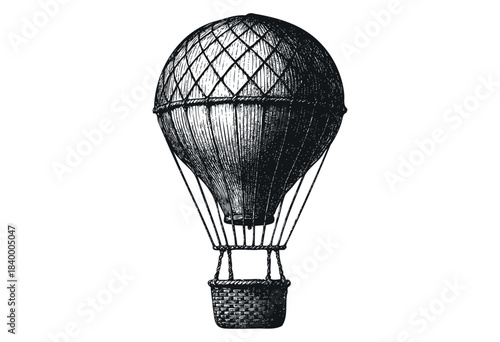 A beautifully detailed vintage hot air balloon in an engraved, black and white style, isolated on a white background, evoking themes of exploration and adventure — stock vector.