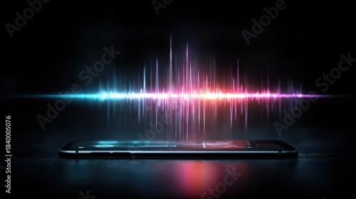 A sleek smartphone with colorful sound waves emanating from it, set against a dark background, suggesting audio technology and innovation.