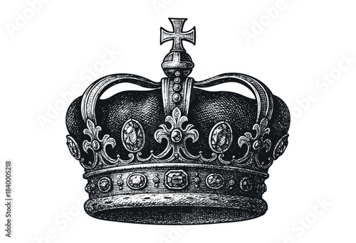 An elegant, hand-drawn illustration of a royal crown adorned with jewels and a cross, rendered in a classic vintage engraving style — stock vector.