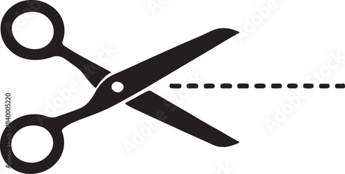 PrintBlack scissors cutting a dashed line on a white background