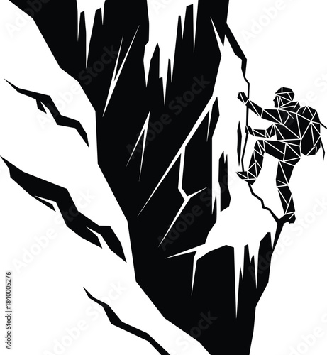 Geometric silhouette of rock climber scaling steep cliff, extreme adventure sport artwork, abstract mountain climbing illustration for outdoor challenge, fitness and exploration themes