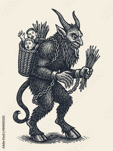 Krampus with basket of children vintage engraving vector illustration