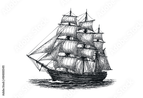 A striking black and white vintage illustration of a majestic tall ship with billowing sails cruising on ocean waves, rendered in an antique engraving style — stock vector.