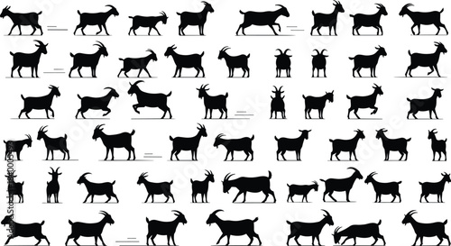 Goat silhouette vector set, farm animal illustrations in various poses, livestock profile icons, walking and standing goats, domestic animal design collection