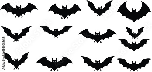 Halloween flying bat silhouettes collection with spooky wings and scary expressions, black vector icons for horror, decoration and seasonal design