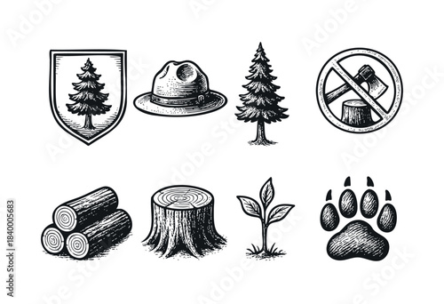 A collection of hand-drawn vintage style icons representing forest, nature, conservation, and outdoor themes, including trees, a ranger hat, logs, a bear paw, and a no-logging sign — stock vector.