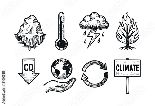A comprehensive set of hand-drawn vintage-style icons depicting critical climate change, environmental impact, and sustainability concepts, ideal for eco-awareness campaigns — stock vector.
