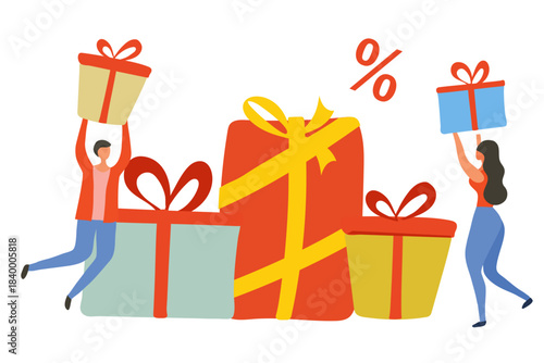 Online reward and gifts, people receive gift boxes, Referral program concept