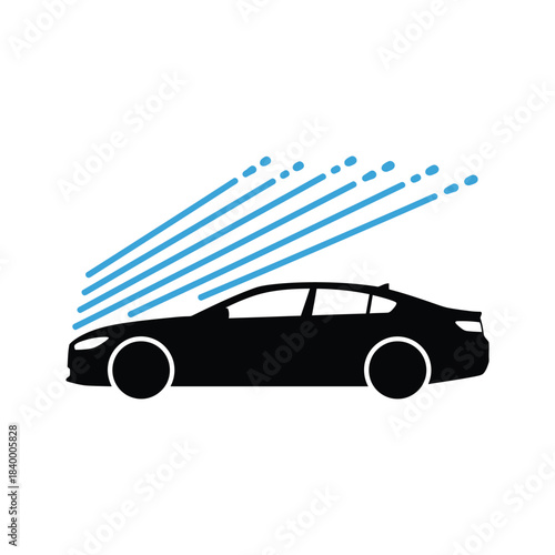 A sleek black car under a blue spray icon, symbolizing automatic car washing and cleaning services.