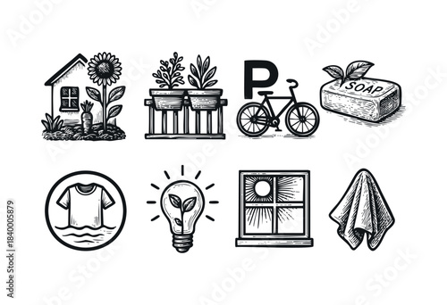 A collection of black and white hand-drawn icons representing sustainable living, green energy, natural products, and eco-friendly home practices, isolated on white background — stock vector.