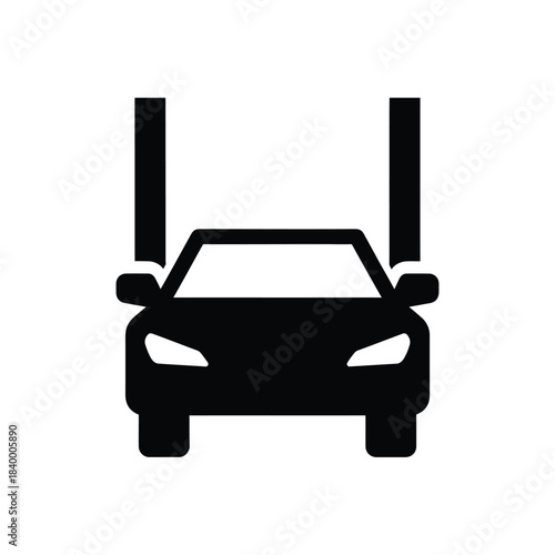 Minimalist icon illustration of a car being lifted by a hydraulic hoist in a garage for service