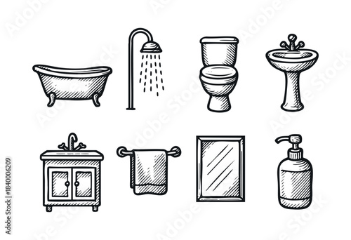 A collection of essential bathroom items illustrated in a hand-drawn, doodle style, isolated on a white background — stock vector.