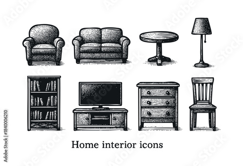 A collection of hand-drawn vintage home interior furniture and decor elements in an engraved style, featuring an armchair, sofa, table, lamp, bookshelf, TV stand, dresser, and chair — stock vector.