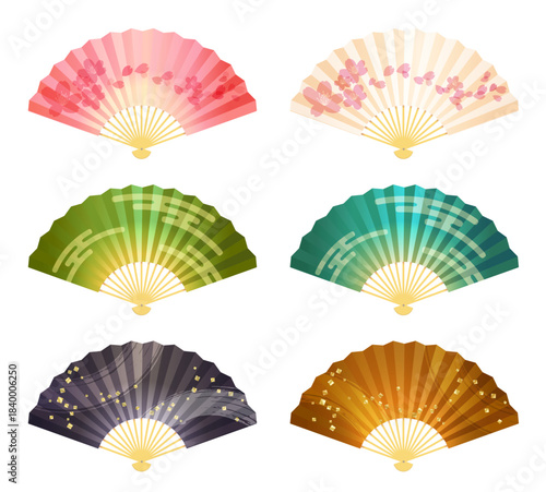 和風の柄の入った扇子のイラスト素材セット。白背景にベクターイラスト。