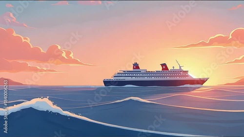 Colorful 2D Cartoon Cruise Ship Sailing Smoothly Across Ocean Waves Under Vibrant Sunset Sky Animation