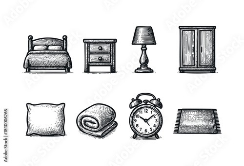 A collection of classic bedroom furniture and accessories in a vintage hand-drawn engraving style, isolated on white — stock vector.