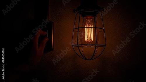 Hand turning off a vintage industrial light bulb, creating darkness in a room.
