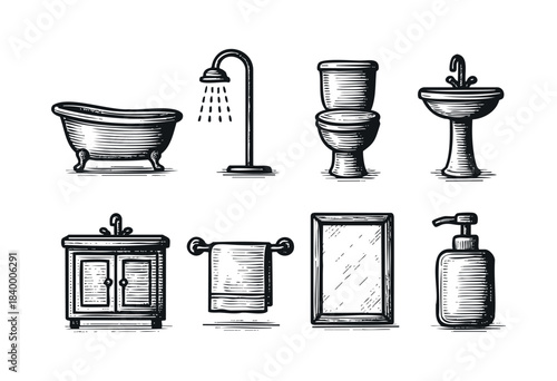 A collection of various essential bathroom items, including a bathtub, shower, toilet, sinks, mirror, towel, and soap dispenser, illustrated with a classic woodcut style. — stock vector.