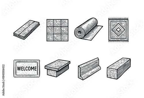 A collection of various flooring and wooden construction elements, including planks, tiles, carpets, and lumber, rendered in a vintage hand-drawn engraving style — stock vector.