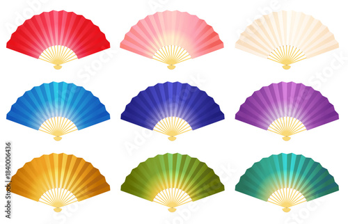 さまざまなカラーの扇子のイラスト素材セット。白背景にベクターイラスト。