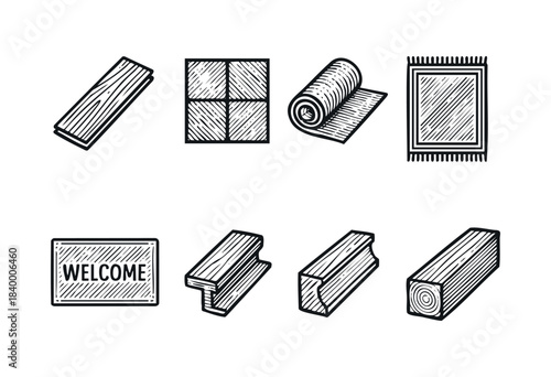A collection of hand-drawn engraving style icons featuring various construction and home improvement elements like wood planks, tiles, rugs, lumber, and a welcome mat — stock vector.
