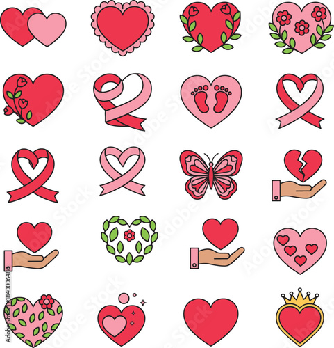  Heart Icons Collection — Love, Care, and Awareness Ribbon Vector Set