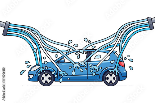 Blue car getting washed by streams of water in a cartoon illustration