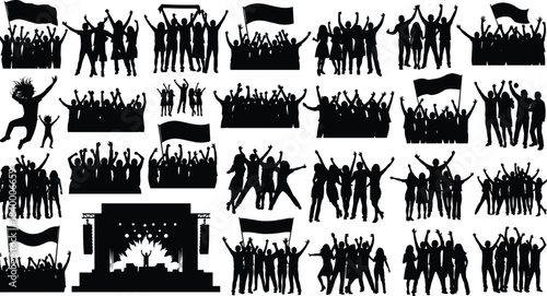 Excited crowd silhouettes cheering at concert, party, festival, or sports event, celebrating freedom, victory, and unity with hands up, flags waving, and banners held high, expressing joy and energy.