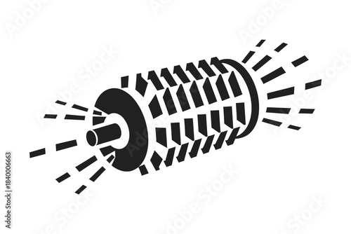 A black and white graphic illustration of a rotating industrial roller or brush