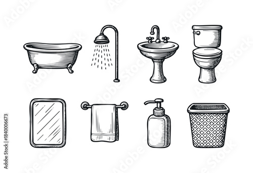 A versatile collection of hand-drawn black and white sketch icons featuring common bathroom fixtures and hygiene essentials like a bathtub, shower, toilet, and sink — stock vector.