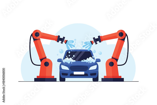Futuristic automated car wash service with robotic arms spraying water on a blue vehicle