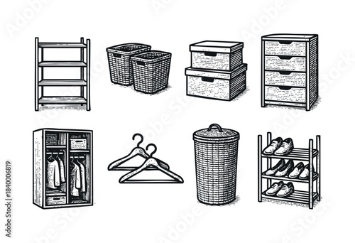 A comprehensive collection of hand-drawn household organization and storage elements, including shelves, baskets, wardrobes, and shoe racks, in a vintage engraving style — stock vector.