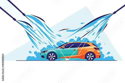 An illustration depicting a modern hatchback vehicle receiving a high-pressure wash