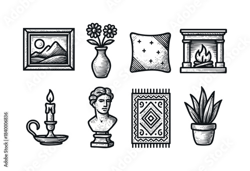 A collection of hand-drawn, monochrome home decor elements including a painting, flowers, cushion, fireplace, candle, bust, rug, and plant, rendered in a classic woodcut style — stock vector.