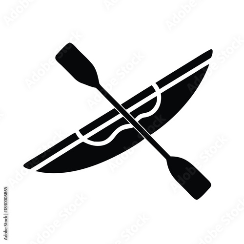 Simple black and white icon representing a kayak boat and a crossed paddle for water sports