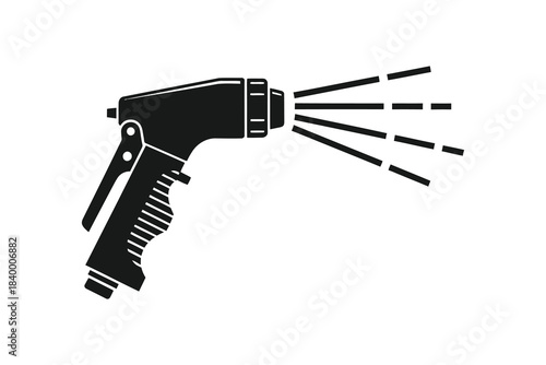 A simple black and white icon illustration of a garden hose spray nozzle spraying water