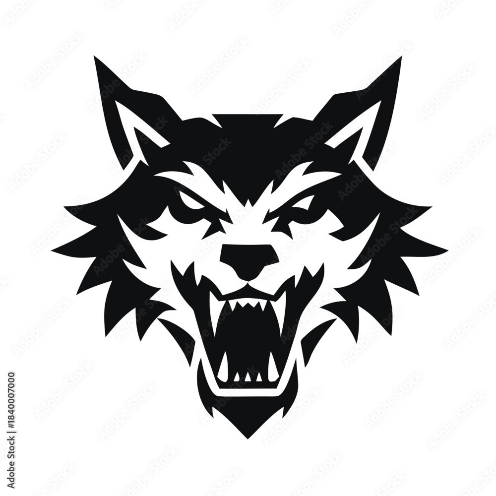 Fototapeta premium Fierce black and white snarling wolf head mascot logo design isolated on white background