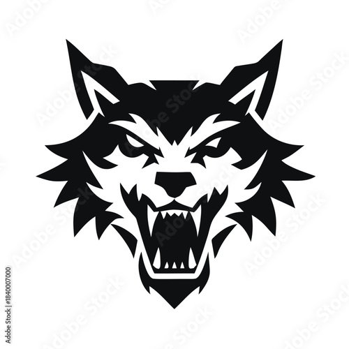 Fierce black and white snarling wolf head mascot logo design isolated on white background
