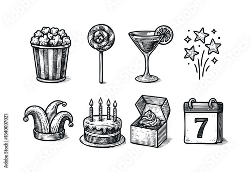 A set of hand-drawn black and white vintage style icons depicting various celebration and party elements, including food, drinks, gifts, and festive symbols — stock vector.