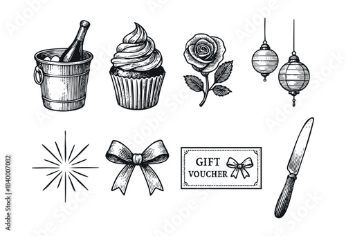A collection of hand-drawn vintage celebration and gift elements, including champagne, cupcake, rose, lanterns, and a gift voucher, rendered in an elegant engraving style — stock vector.