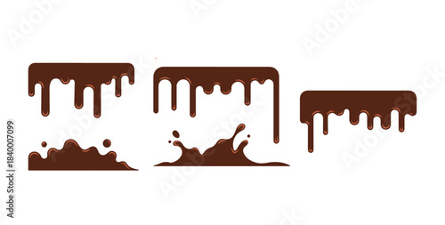 Dripping chocolate liquid and splash vector graphic elements on white background