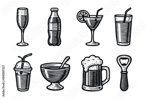 A collection of black and white vintage-style engraving icons featuring various drinks, a dessert bowl, and a bottle opener, perfect for menus or labels — stock vector.