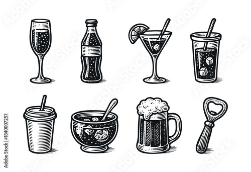 A collection of black and white vintage-style engraving icons featuring various drinks, a dessert bowl, and a bottle opener, perfect for menus or labels — stock vector.