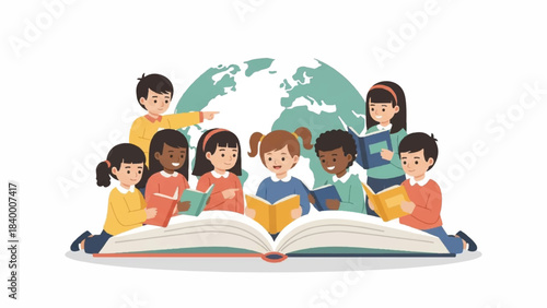 Illustration of diverse children gathered around an open book with a globe behind them on a white background.