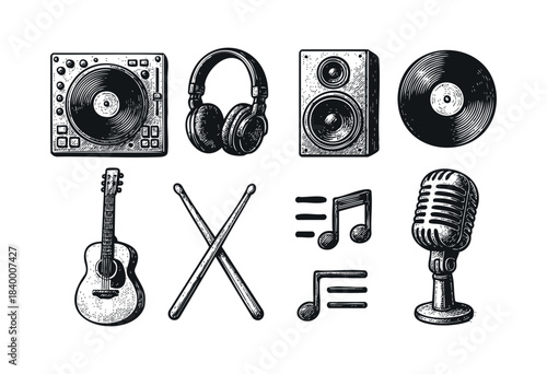 A collection of sketched, retro-style icons for music and audio equipment, including a DJ turntable, headphones, guitar, and vintage microphone — stock vector.