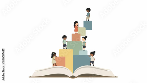 Illustration of children standing on blocks stacked on an open book against a clean white background with a creative and educational mood.