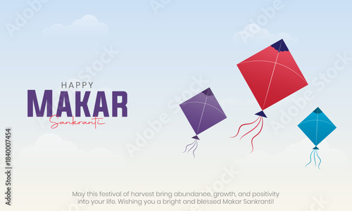 Happy Makar Sankranti Banner and Greeting Card. Indian Festival of Harvest Creative Background with Flying Kites Vector Illustration