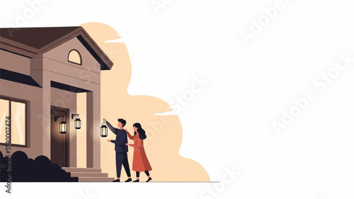 Couple examining a new house exterior at dusk with lanterns, symbolizing home buying and real estate exploration