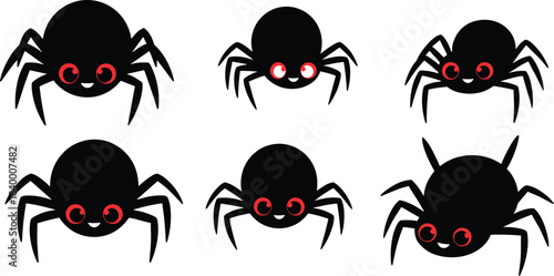Set of cute cartoon spiders with red eyes, smiling Halloween arachnid characters, adorable spider icons for kids design, decoration and illustrations